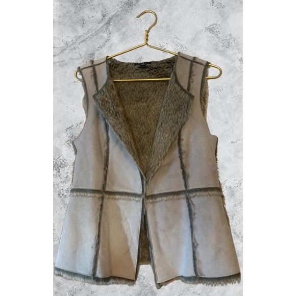 Tribal Grey Faux Suede Fur Lined Vest Open Front 2542O-2189 Small - Picture 2 of 7